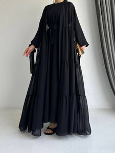 black chiffon layered abaya with matching inner dress