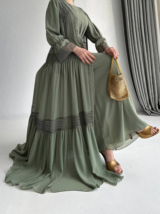 Olive crotchet lace abaya and dress set 