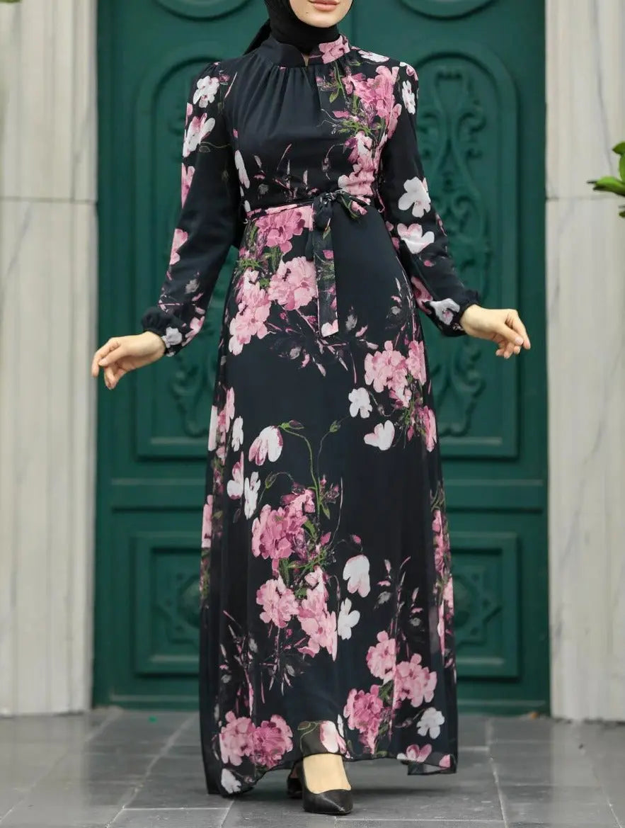 Black and Pink Floral Print Dress main image 0