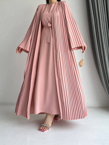 Pink pleated abaya and dress set 