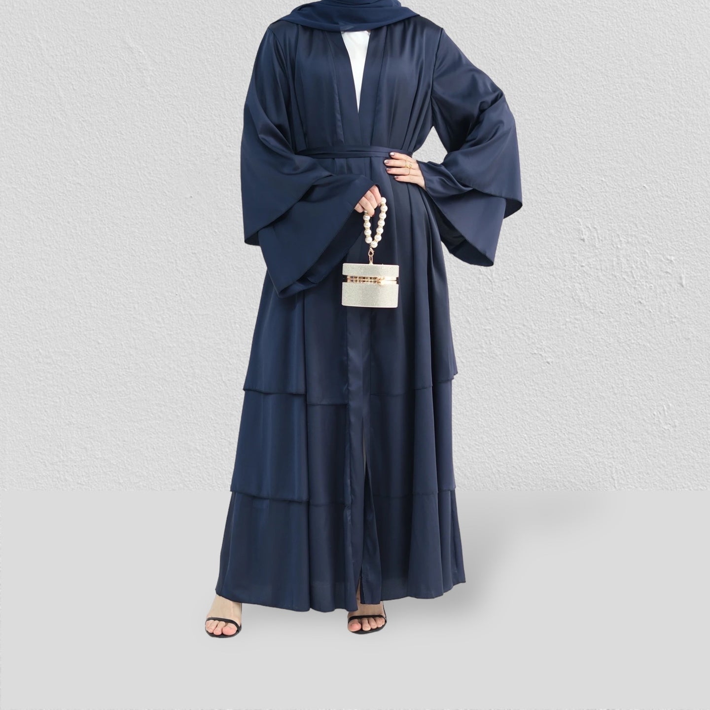 Navy satin layered abaya 