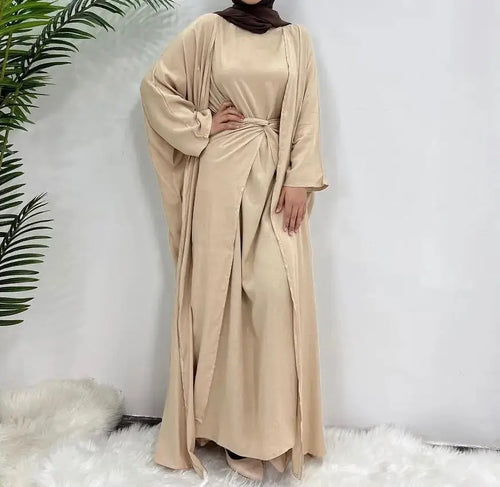 Beige 3 Piece Linen Abaya Set Hijabimama