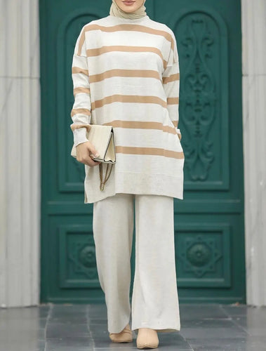 Tahira Oat Stripe Two Piece Sweater Set Hijabimama