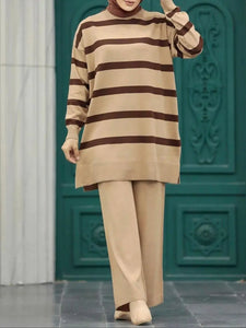 Tahira Camel Stripe Two Piece Sweater Set Hijabimama