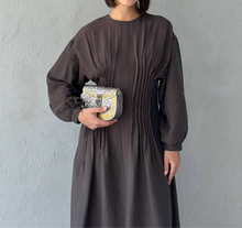 Chic pleated long sleeve dress in deep brown color