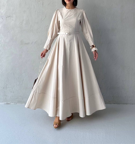 Modest long sleeve beige dress