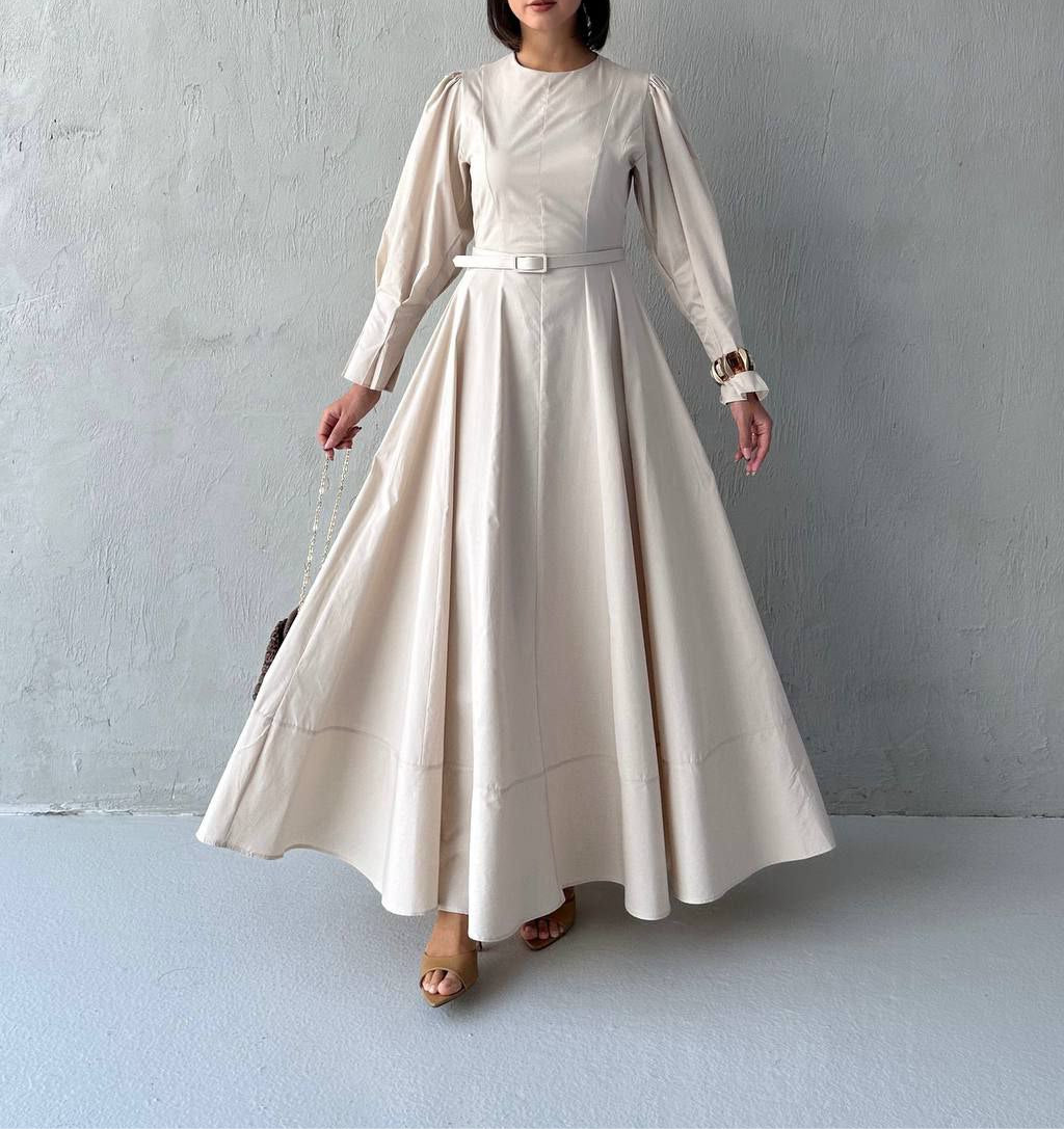 Modest long sleeve beige dress