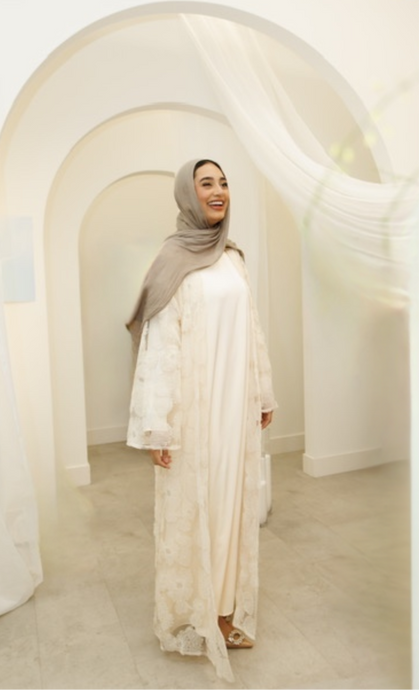 Zahra Butter Cream Bloom Abaya Set