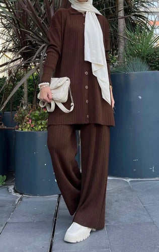 Sabbah Brown Button Front Two Piece Ribbed Knit Sweater Set Hijabimama