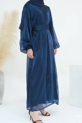 navy blue embellished abaya and dress set