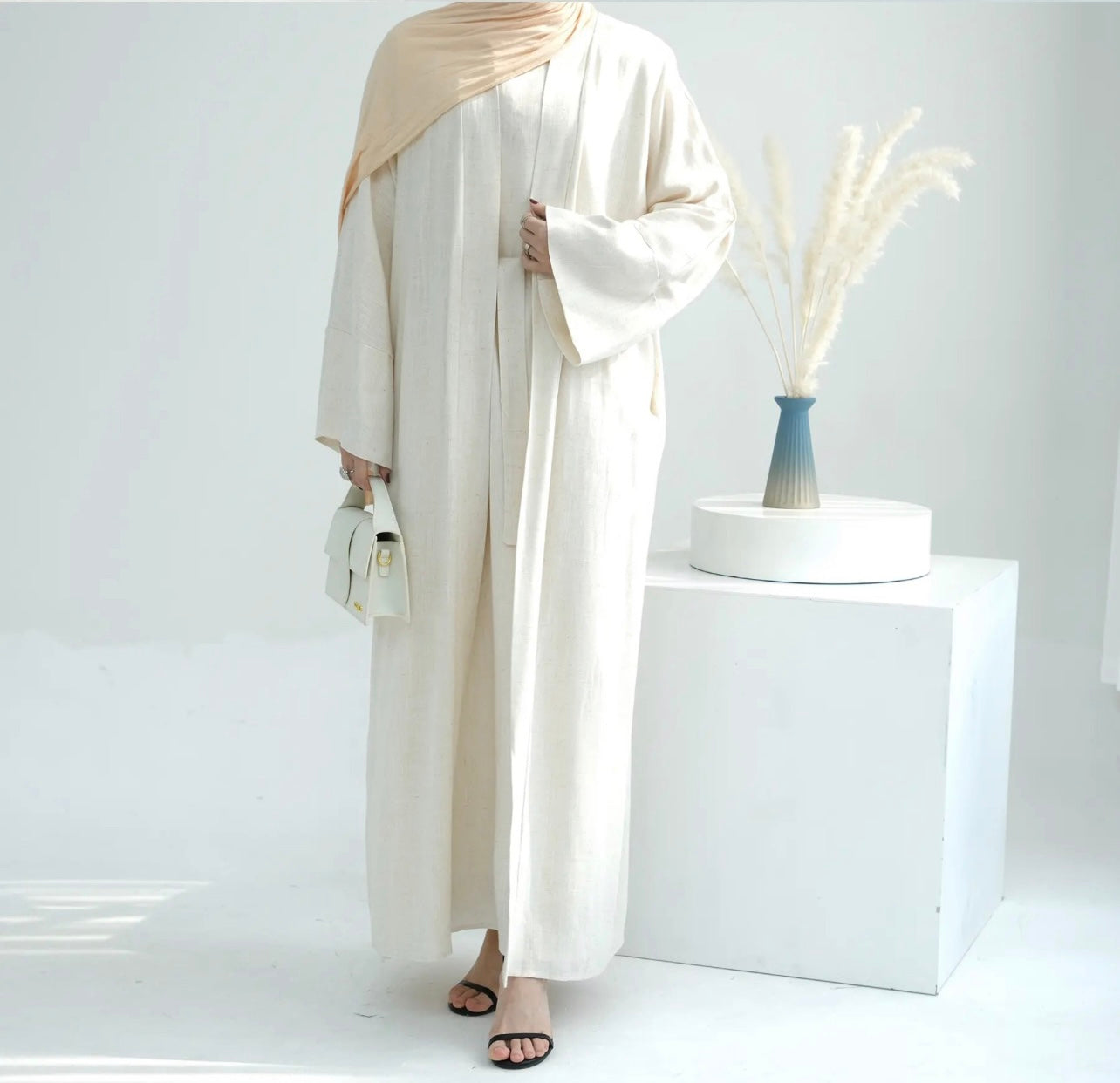 beige linen abaya and dress set