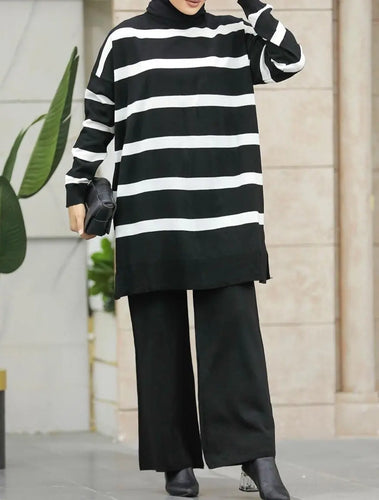 Tahira Black Stripe Two Piece Sweater Set Hijabimama