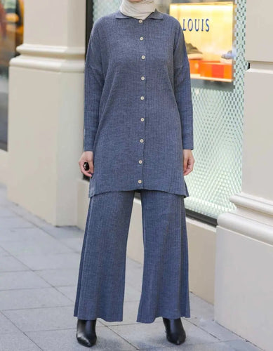 Sabbah Camel Button Front Two Piece Ribbed Knit Sweater Set Hijabimama
