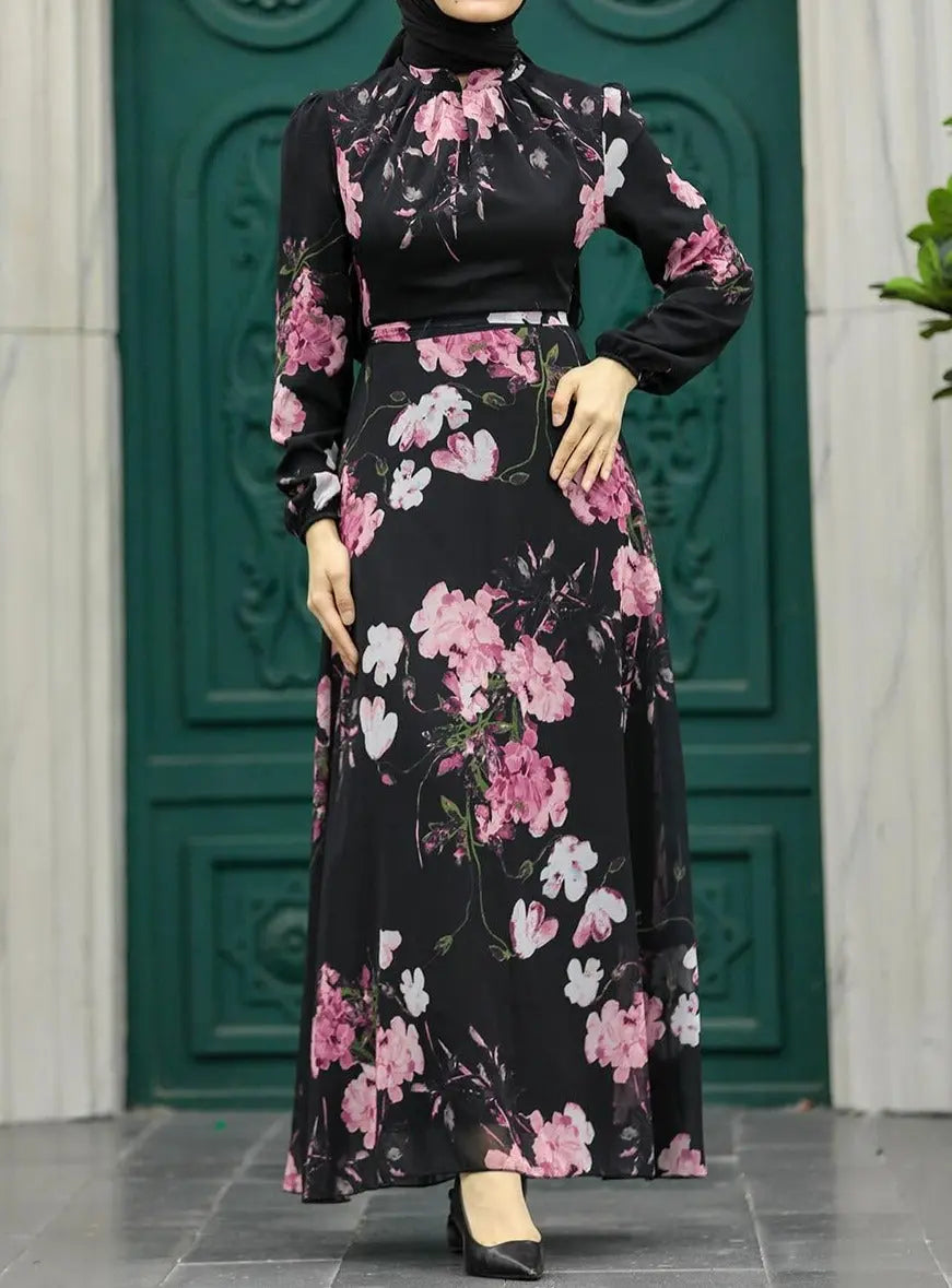 Black & Pink Floral Print Dress – Hijabimama