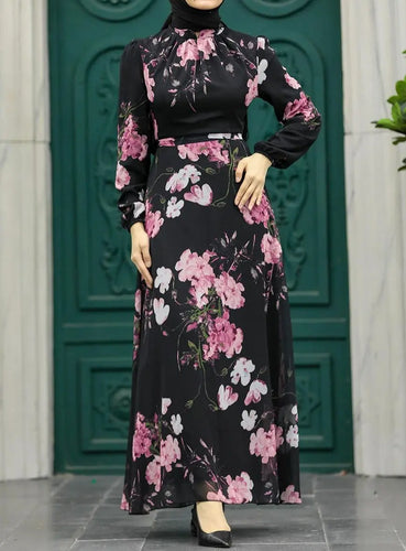black pink floral chiffon dress