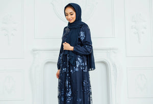 Navy Sequin Faux Wrap Dress