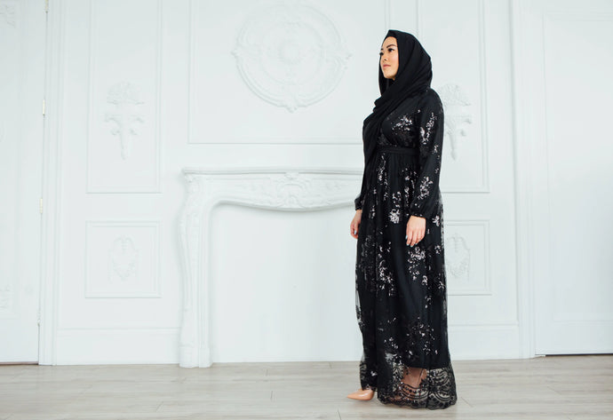 Black Sequin Faux Wrap Dress
