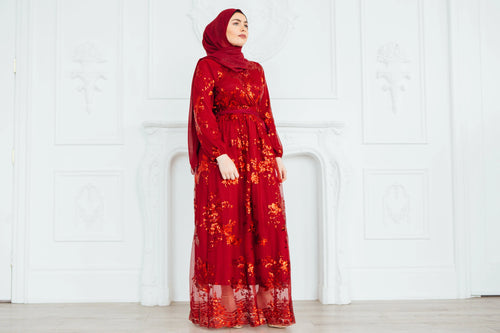 Red Sequin Faux Wrap Dress Hijabimama