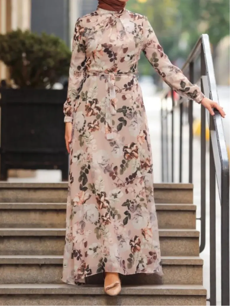 floral long sleeve fully lined modest floral chiffon maxi dress, Eid