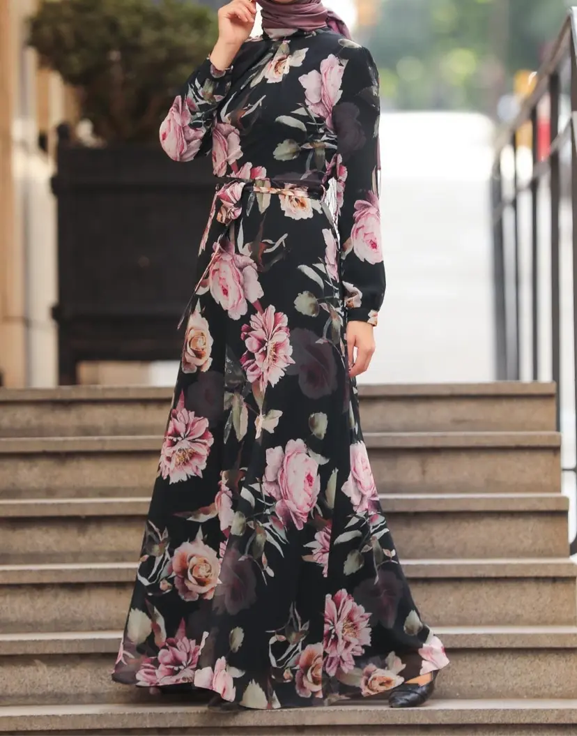 black floral chiffon, long sleeve modest dress 