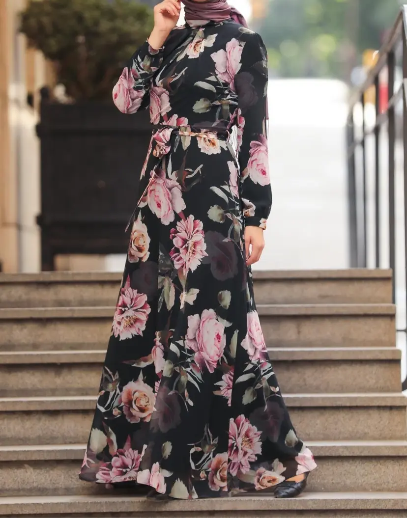 Black floral chiffon dress discount