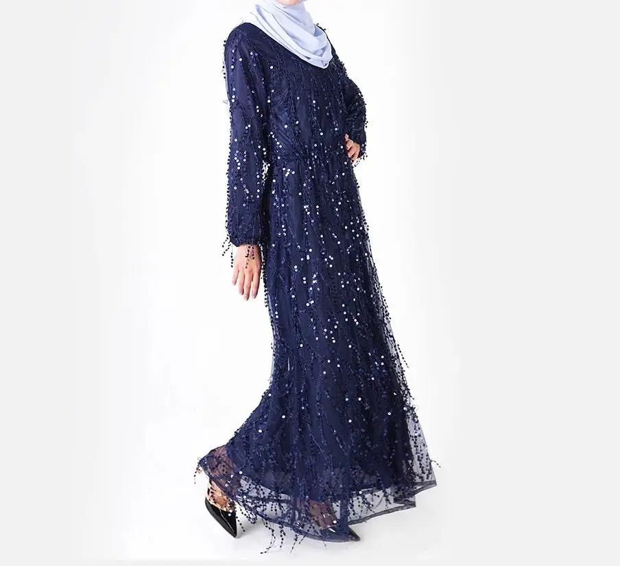 Navy Sequin Fringe Faux Wrap Dress Hijabimama
