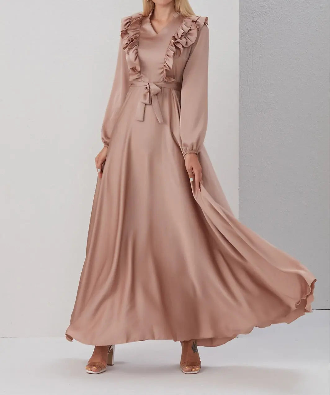 Nude Satin Ruffle Dress Hijabimama