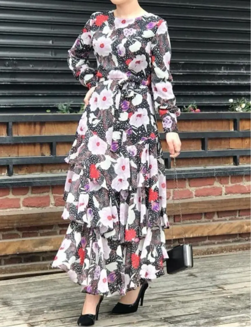 floral layered long sleeve fully lined modest maxi dress