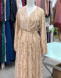 Gold Sequin Fringe Faux Wrap Dress Hijabimama