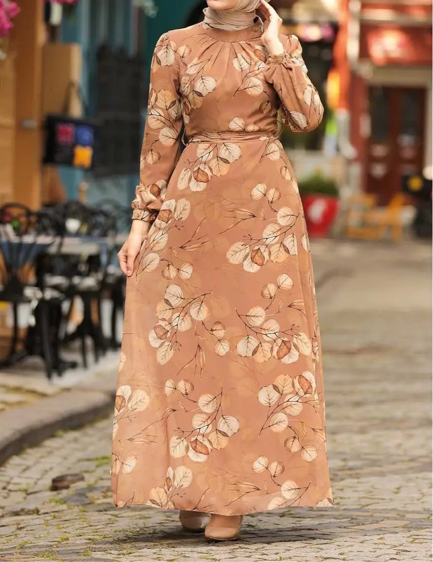 Tan Leaf print chiffon dress