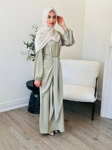 modest satin dress and wrap skirt set 