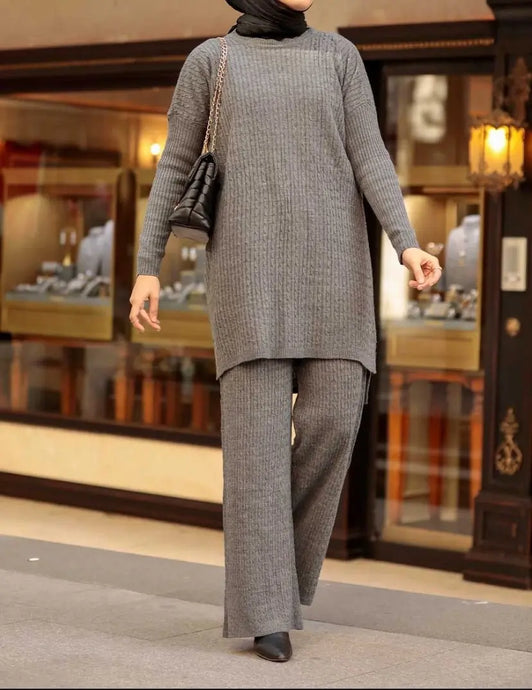 Grey Two Piece Cable Knit Sweater Set