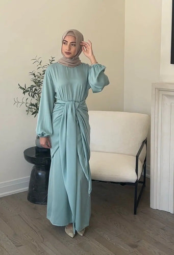 modest satin dress and wrap skirt set 