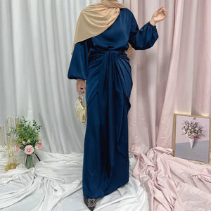Ella Navy Blue Luxury Satin Dress Set Hijabimama
