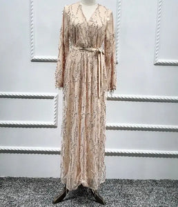 Gold Sequin Fringe Faux Wrap Dress Hijabimama